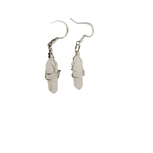 Pale Pink Crystal Stone Wire Wrapped Dangle Drop Pierced Earrings Hexagonal NEW - Picture 1 of 4